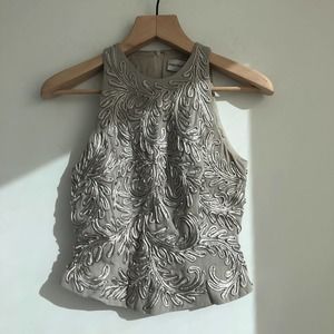 VTG - Fine Feather - Embroidered Embellished High Neck Top - Grey Silver -  Sz 4